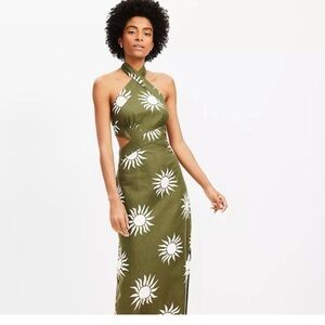 NWT; LOFT beach sunny linen cotton cutout midi halter dress